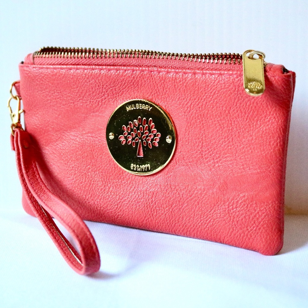 Mulberry Leather Wristlet Pouch in Coral/Salmon